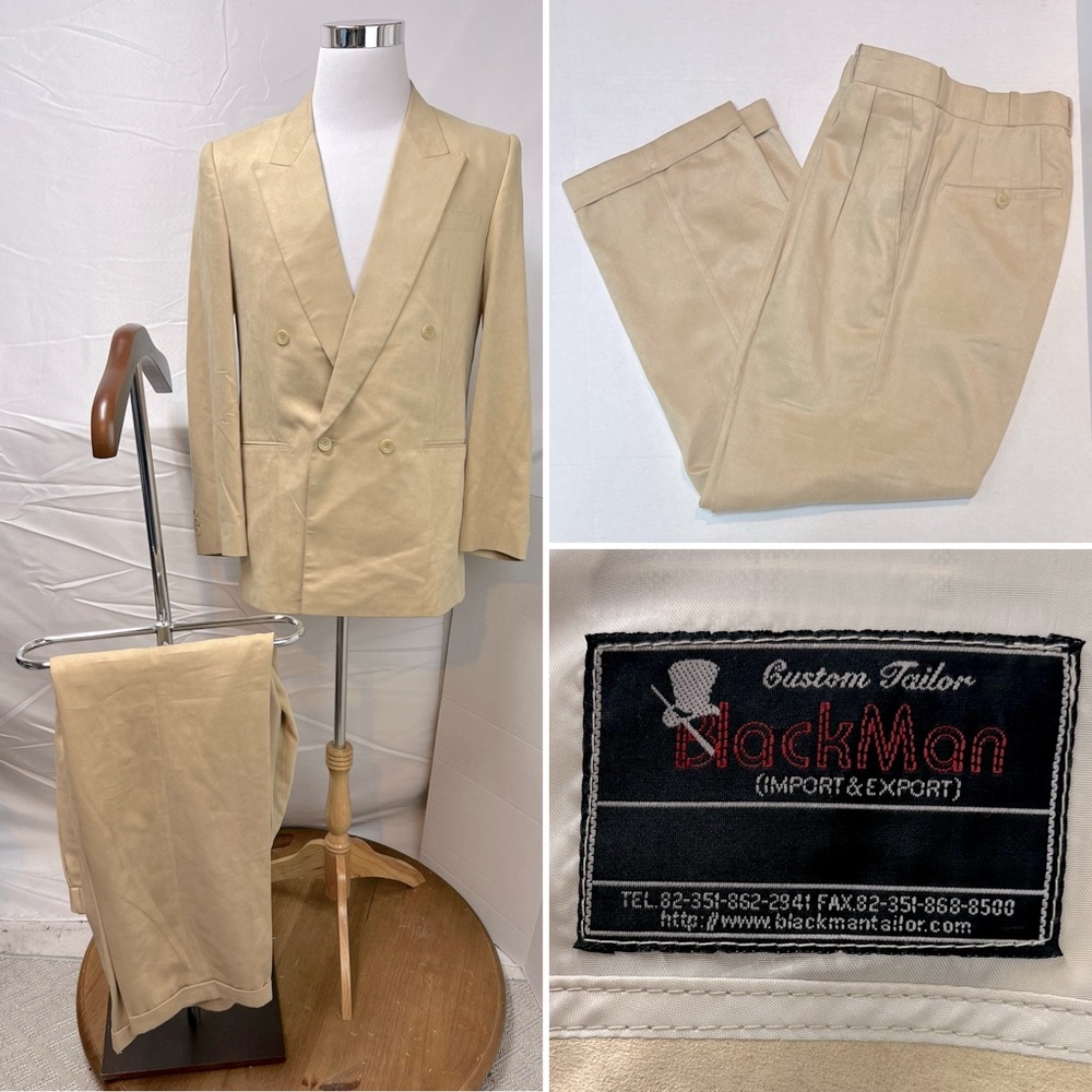 Vintage 70s Custom Tailor 40R Blazer 30x29 Beige Faux Suede Double Breasted Suit